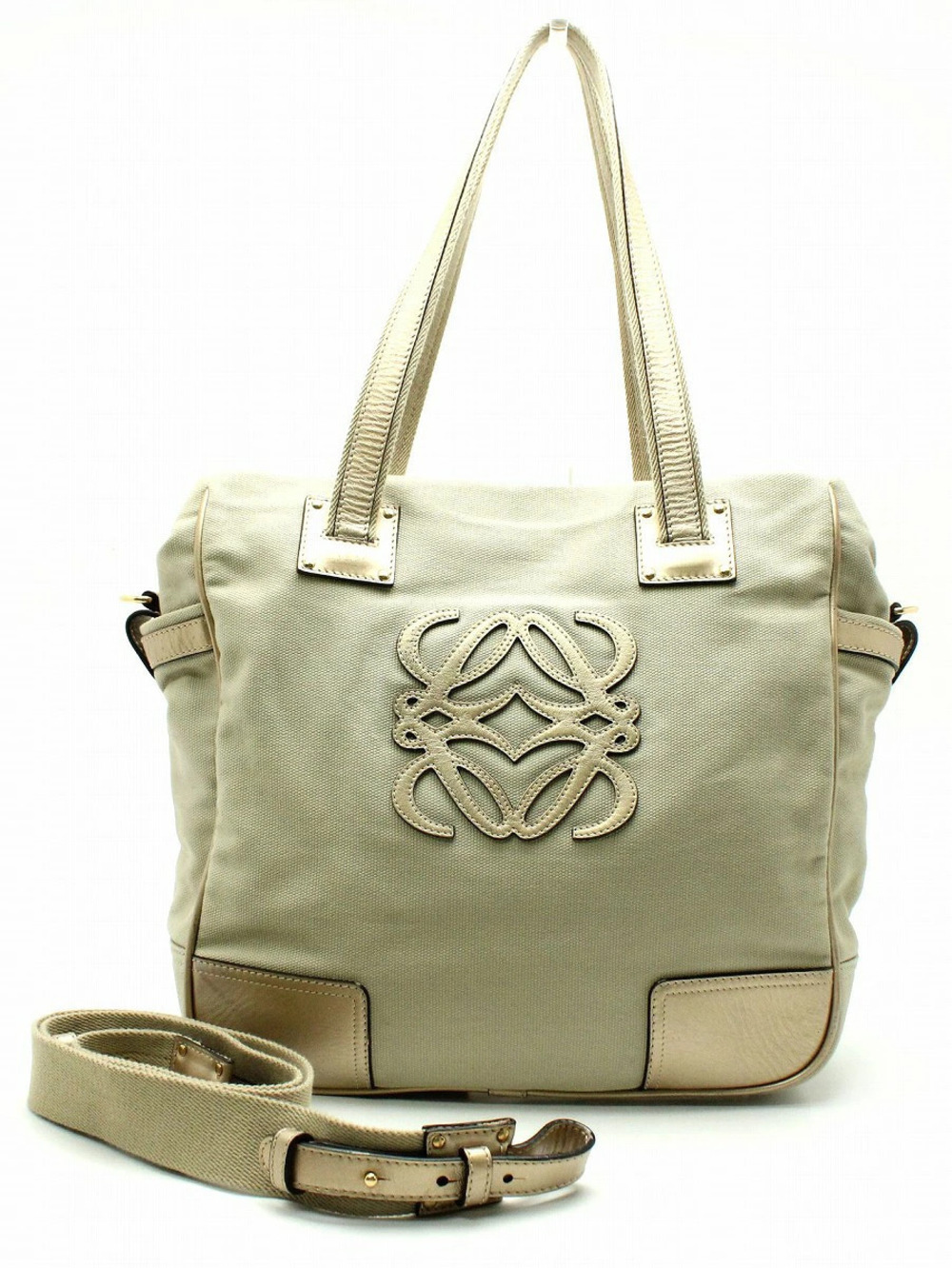 Loewe Anagram 2way Shoulder Bag Tote Leather Canvas Beige Cream Gold